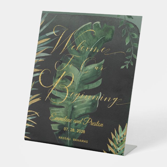 Tropical Palm Welcome To Our Beginning Pedestal Sign (Front)