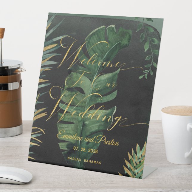 Tropical Palm Welcome To Our Wedding Pedestal Sign (In SItu)