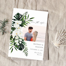 Tropical Palm & White Floral Save the Date Photo