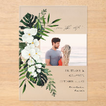 Tropical Palm & White Floral Save the Date Photo