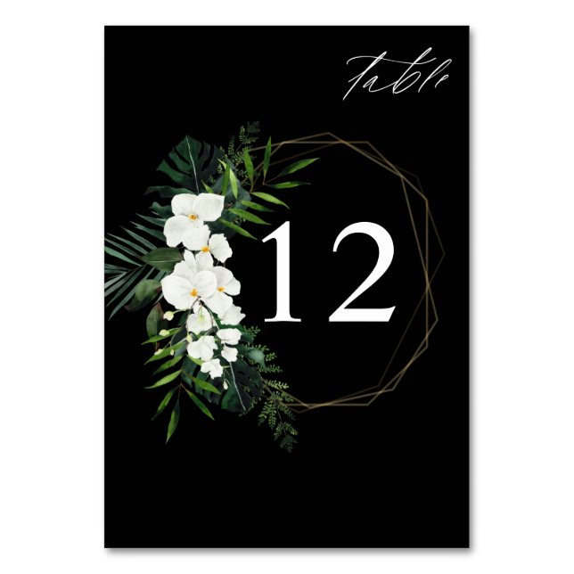 Tropical Palm & White Floral Table Number - Black (Front)