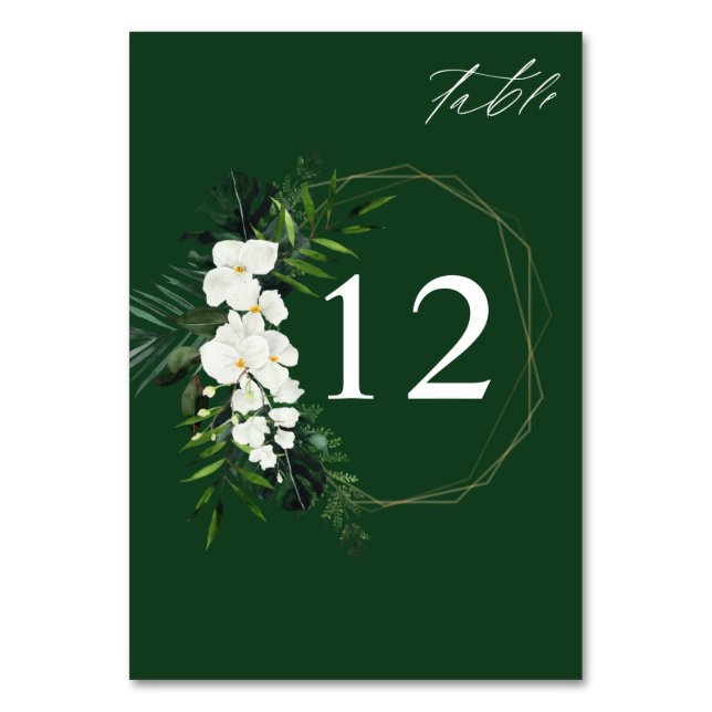 Tropical Palm & White Floral Table Number - Green (Front)