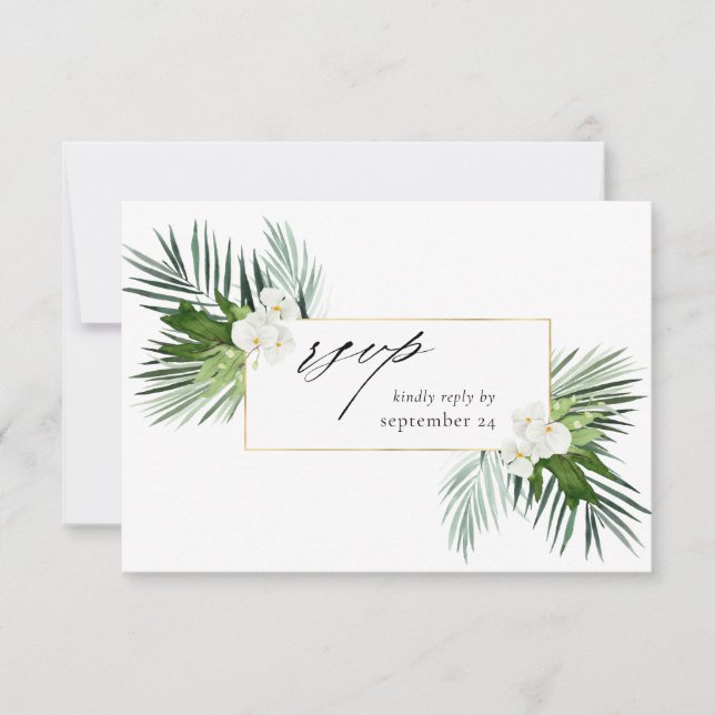 Tropical Palm & White Floral w Meal RSVP Card 3 (Front)