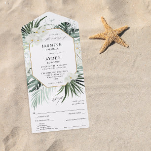 Tropical Palm & White Floral Wedding All In One Invitation