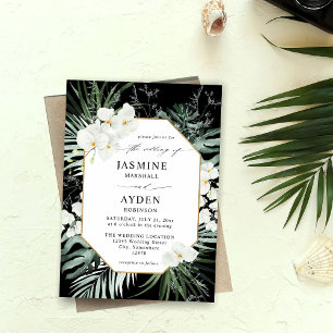 Tropical Palm & White Floral Wedding V2 LN Black Invitation