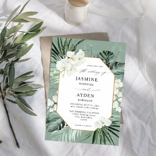 Tropical Palm & White Floral Wedding V2 LN M Green Invitation