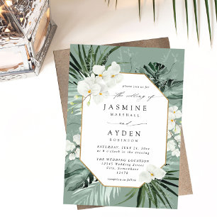 Tropical Palm & White Floral Wedding V2B LNM Green Invitation