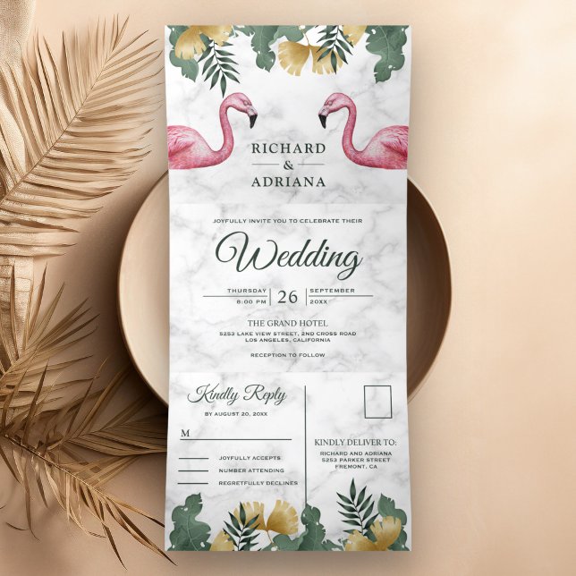 Tropical Palm White Marble Flamingo Couple Wedding Tri-Fold Invitation (Creator Uploaded)