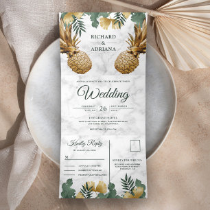 Tropical Palm White Marble Gold Pineapple Wedding Tri-Fold Invitation