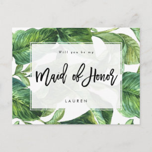 tropical palm will you be my maid of honor announcement postcard