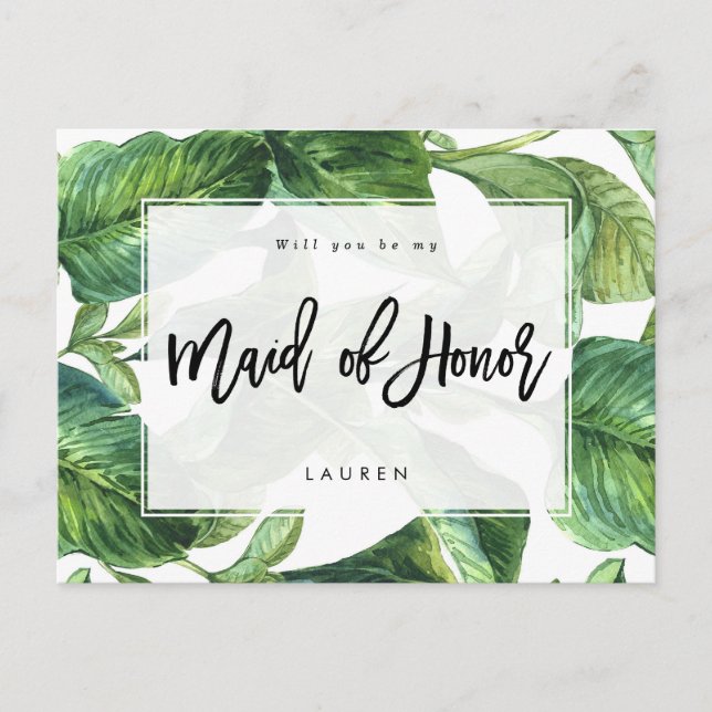 tropical palm will you be my maid of honor announcement postcard (Front)