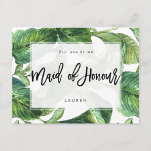tropical palm will you be my maid of honour announcement postcard