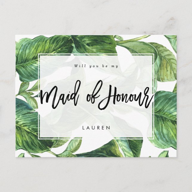 tropical palm will you be my maid of honour announcement postcard (Front)