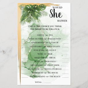 Tropical Palm Would She Rather Bridal Shower Game  Flyer