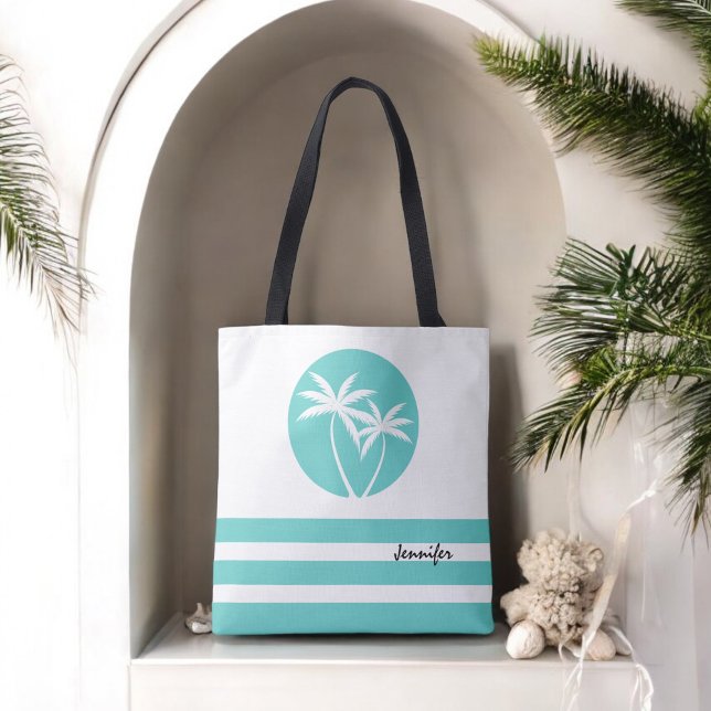 Tropical Palms and Stripes with Name Tote Bag (Personalize with your name or monogram.)
