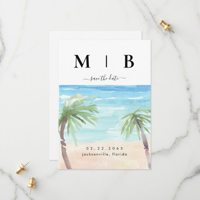 Tropical Palms & Beach Couple Initials Wedding Save The Date (Front/Back In Situ)