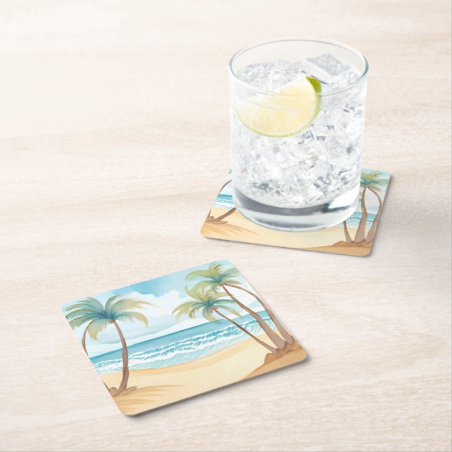 Tropical Palms | Beach Watercolor Wedding Square Paper Coaster (Insitu)