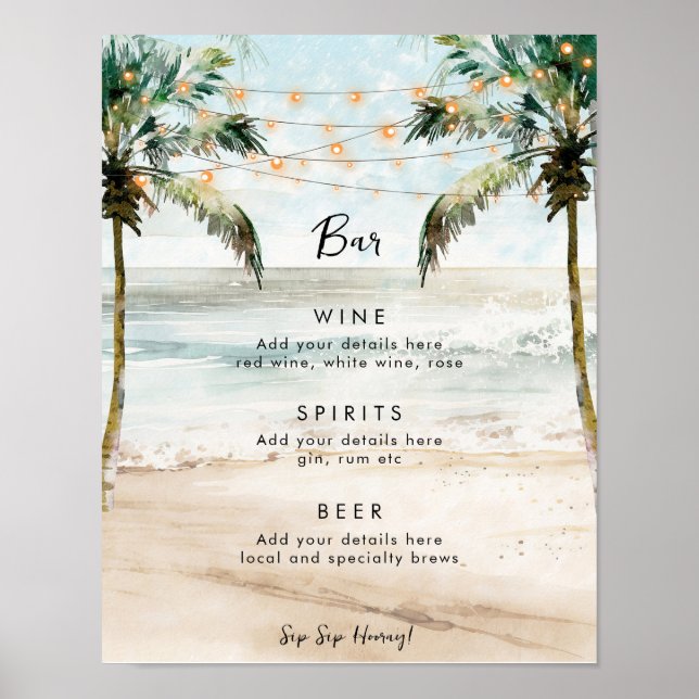tropical palms beach wedding party bar sign (Front)