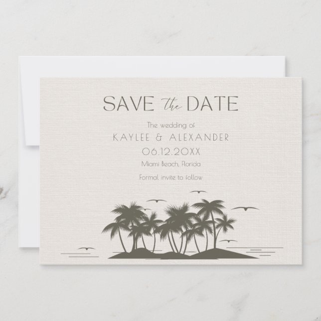 Tropical Palms Beach Wedding Photo Save The Date (Front)