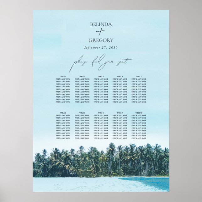 Tropical Palms & Beach Wedding Seating Chart (Front)