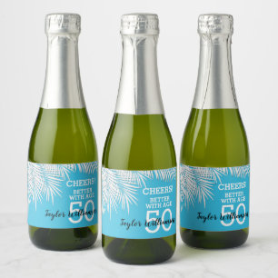 Tropical Palms Birthday Blue Mini Sparkling Wine Label