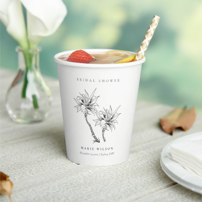 Tropical Palms Black White Sketch Bridal Shower Paper Cups (Insitu)