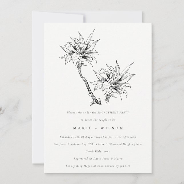 Tropical Palms Black White Sketch Engagement  Invitation (Front)