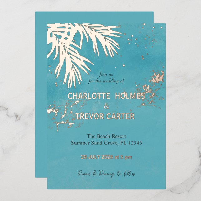  Tropical Palms Blue Ocean Beach Wedding Gold (Front/Back)