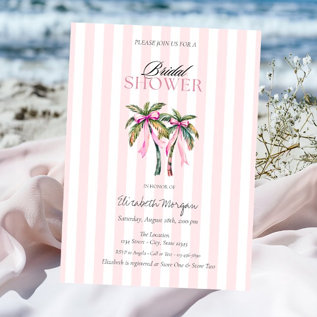 Tropical Palms Bow Pink Stripes Bridal Shower Invitation (Creator Uploaded)