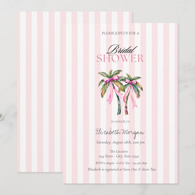 Tropical Palms Bow Pink Stripes Bridal Shower Invitation (Front/Back)