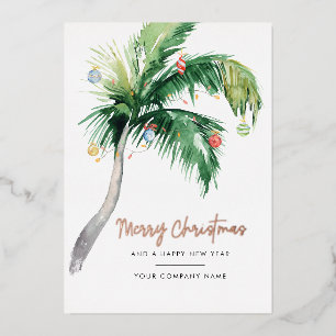 Tropical Palms Business Logo Christmas Rose Gold Foil Holiday Card