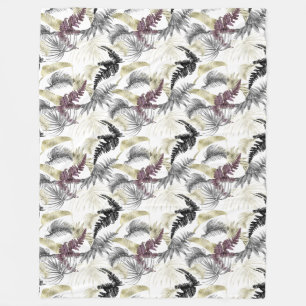 Tropical Palms, Fern in Wine And Black  Fleece Blanket