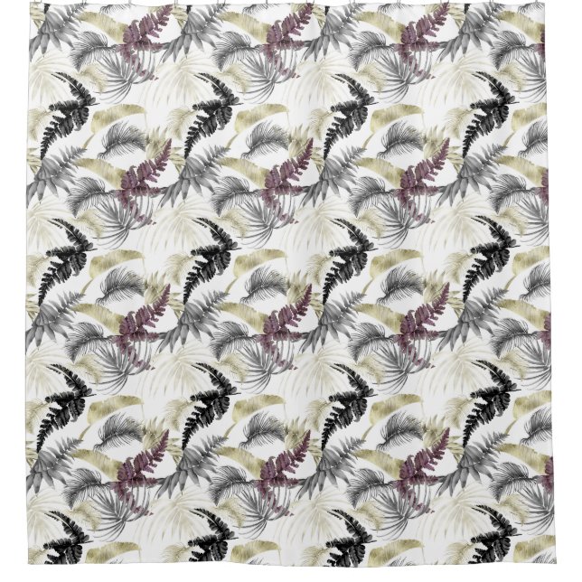 Tropical Palms, Fern in Wine And Black Shower Curtain (Front)