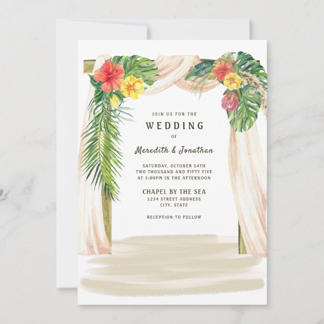 Tropical Palms Floral Arbor Seaside Beach Wedding Invitation (Front)