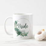 Tropical Palms Gold Circle Personalised Bride Coffee Mug<br><div class="desc">Tropical Foliage Trendy Greenery and Gold Wreath Circle Personalised Bride Coffee Mugs - with tropical leaf wreath. A fun bridal party gift idea, or to hold all the wedding swag for your bridesmaids, in a bold colour palette of rich greens, emerald, and gold. This design is perfect for a beach,...</div>