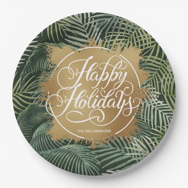 Tropical Palms Gold Faux Foil Holidays Paper Plate (Front)