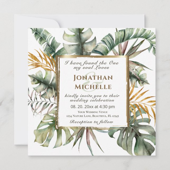 Tropical Palms Gold Frame Christian Wedding Invitation (Front)
