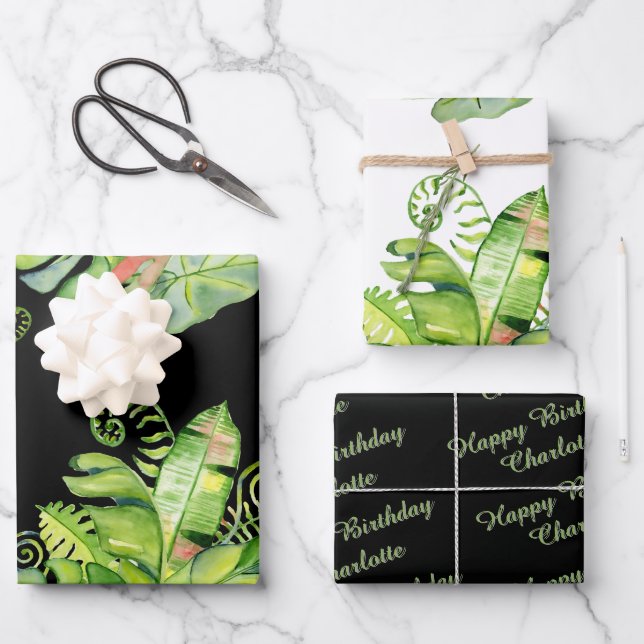 Tropical Palms Greenery Coordinated Gift Wrapping Paper Sheet (Front)