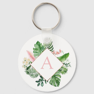 Tropical Palms Monogram Blush Pink Wedding Key Ring