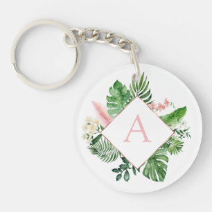 Tropical Palms Monogram Blush Pink Wedding Key Ring