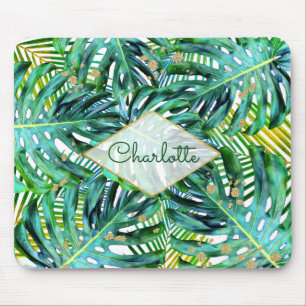 Tropical Palms Monstera Leaves Gold Glitter Mouse Mat