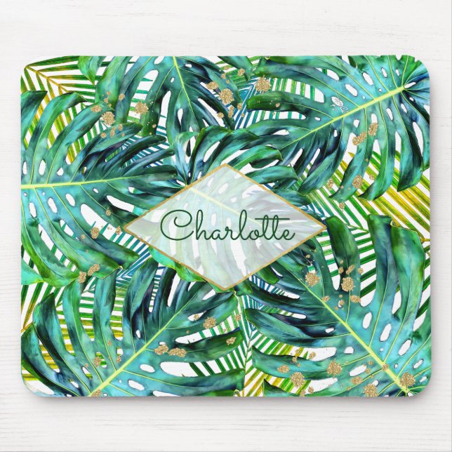Tropical Palms Monstera Leaves Gold Glitter Mouse Mat (Front)