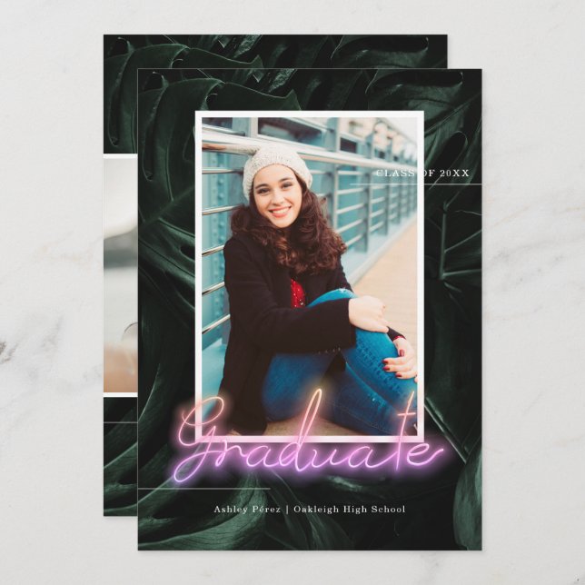 Tropical Palms Neon | Graduation Photo Party Invitation (Front/Back)