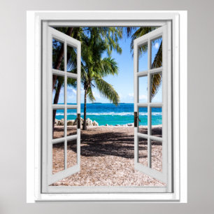 Tropical Palms on Beach Ocean View Faux Window Poster