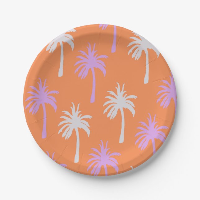 Tropical Palms on Bright Orange Paper Plate (Front)