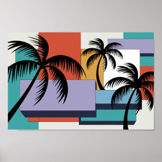 Tropical Palms on Geometric Sunset Background Poster