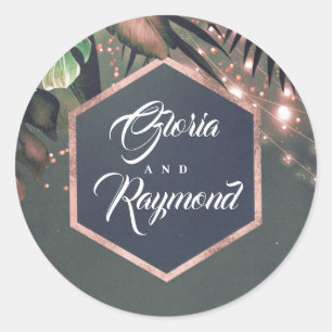 Tropical Palms Rose Gold Beach Wedding Classic Round Sticker