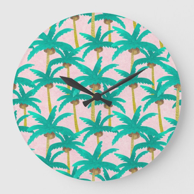 Tropical Palms: Watercolor Summer Pattern Large Clock (Front)