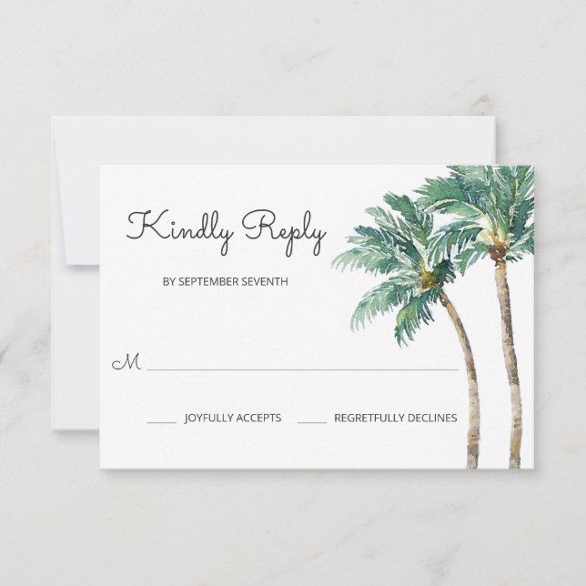 Tropical Palms | Watercolor Wedding RSVP Card (Front)