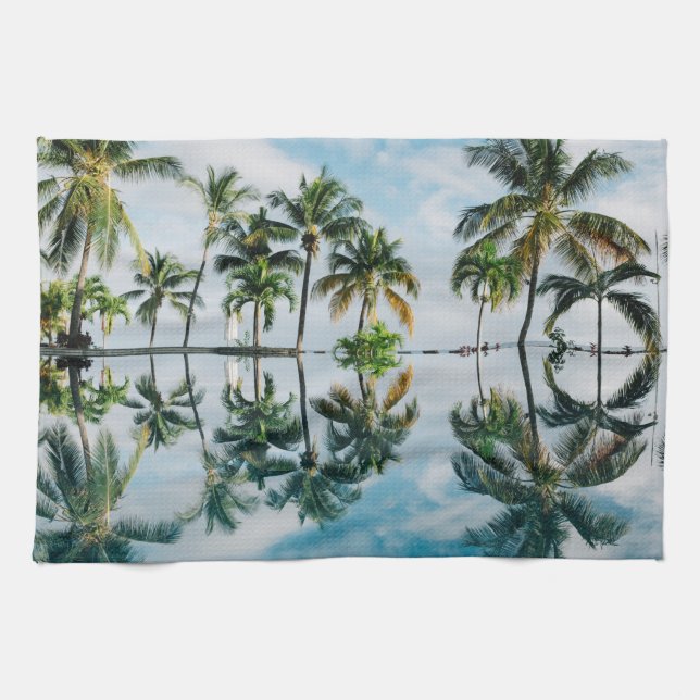 Tropical Palms with reflection in the Ocean. Tea Towel (Horizontal)